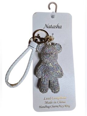 Natasha Crystal Teddy Bear Bag Charm Keychain with White Braided Strap NWT